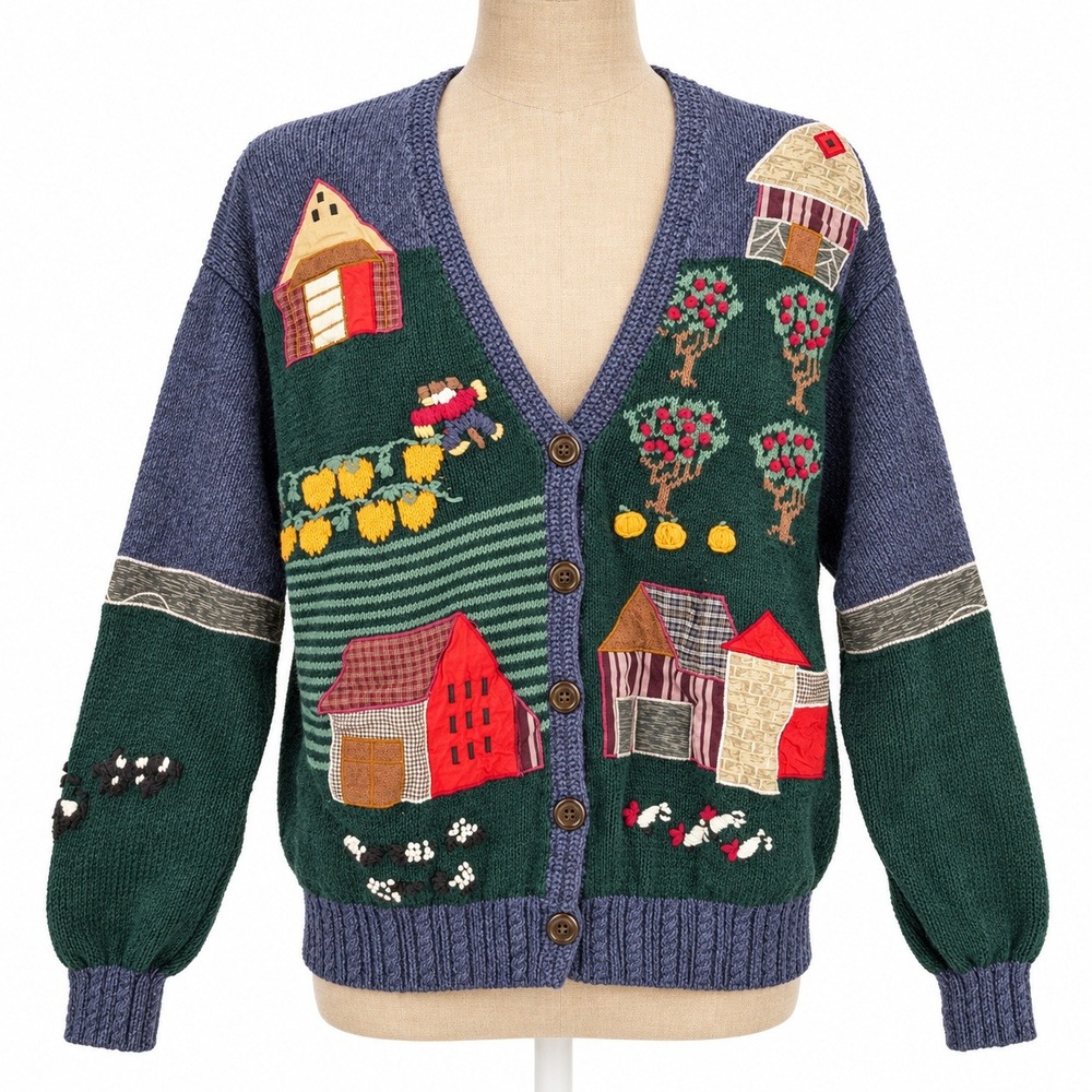 Vtg 90s Northern Reflections Farm Patchwork Embroidered Cardigan M Cottagecore